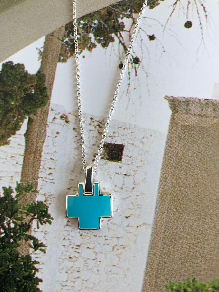 The Enriched Cross Square Big with Turquoise Enamel Silver 925° Necklace