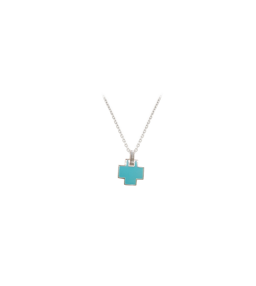The Enriched Cross Square Small with Turquoise Enamel Silver 925° Necklace