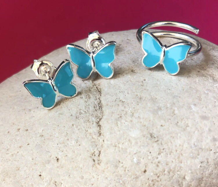The Enriched Butterfly Studs with Turquoise Enamel Silver 925° Earrings