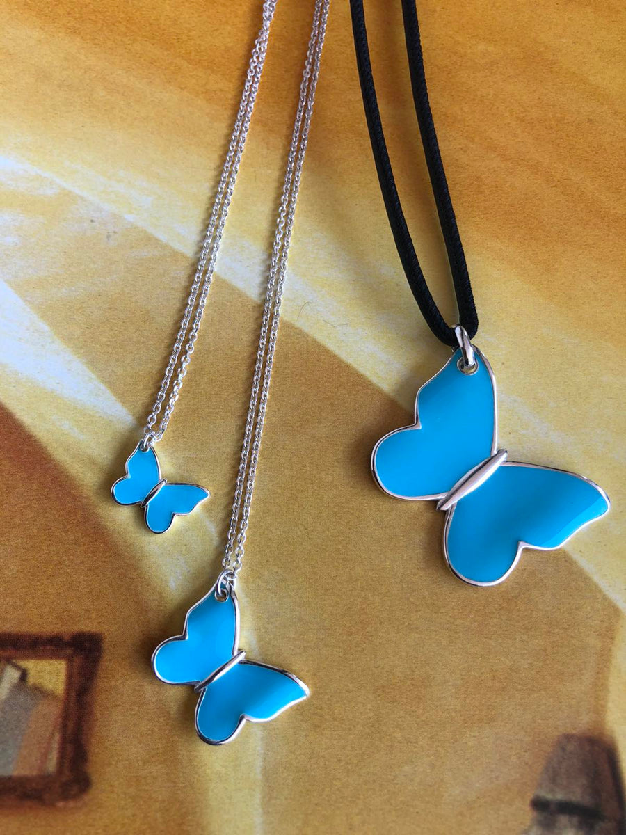 The Enriched Butterfly Big with Turquoise Enamel and Leather Silver 925° Necklace