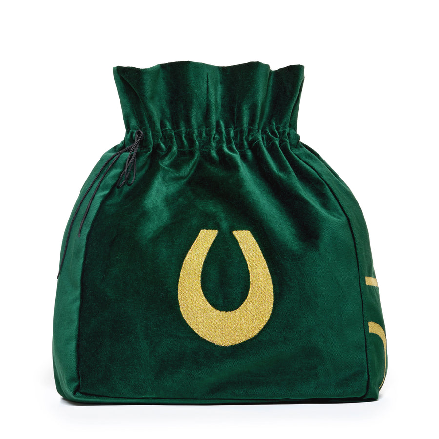 The Accessories Large green velvet pouch with lucky horseshoe embroidery