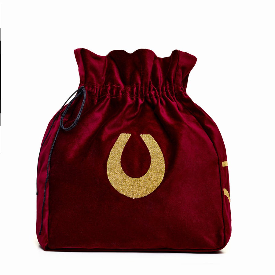 The Accessories Large red velvet pouch with lucky horseshoe embroidery