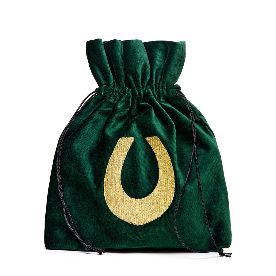 The Accessories Medium green velvet pouch with lucky horseshoe embroidery