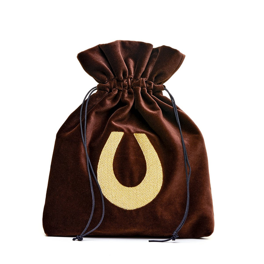 The Accessories Medium brown velvet pouch with lucky horseshoe embroidery