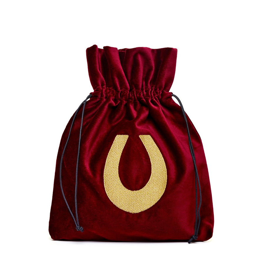 The Accessories Medium red velvet pouch with lucky horseshoe embroidery