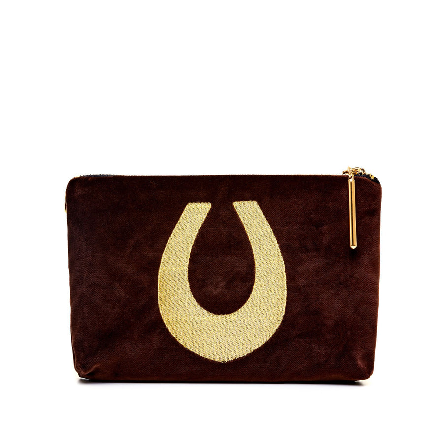 The Accessories Small brown velvet Nécessaire with lucky horseshoe embroidery