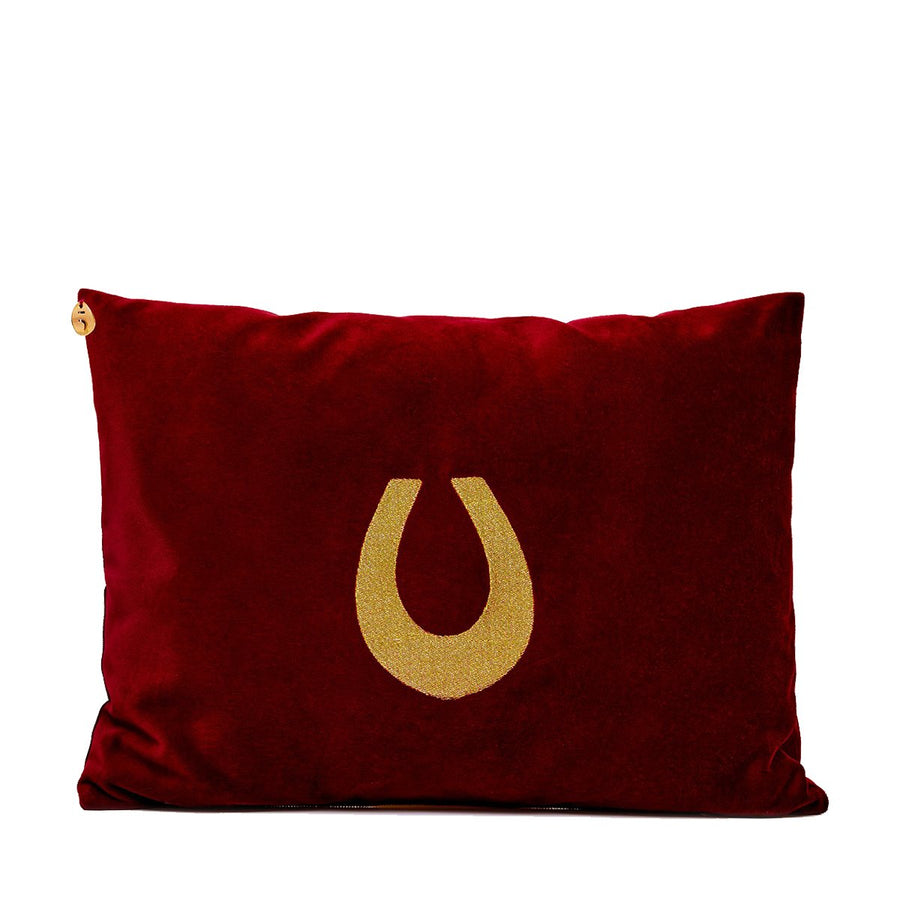 The Accessories Red velvet pillow with lucky horseshoe embroidery