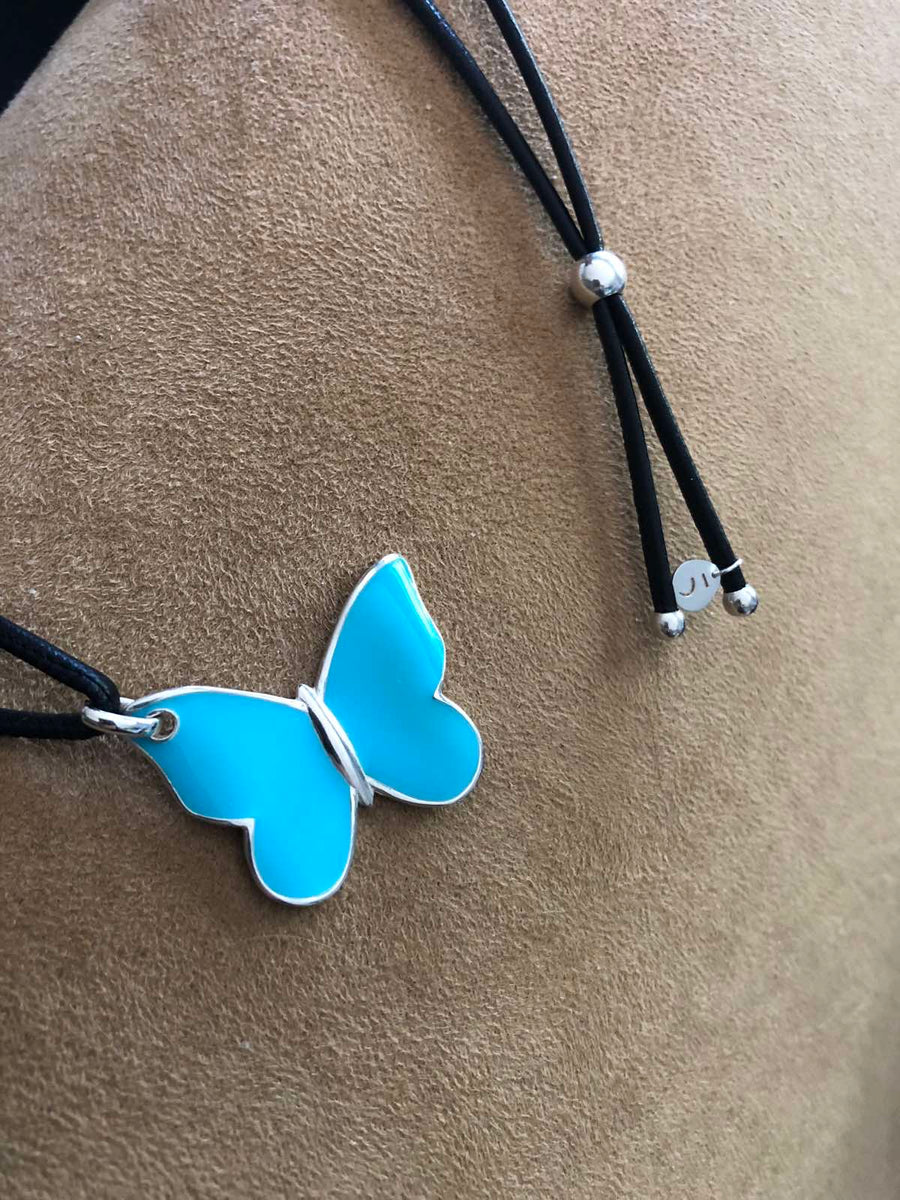 The Enriched Butterfly Big with Turquoise Enamel and Leather Silver 925° Necklace