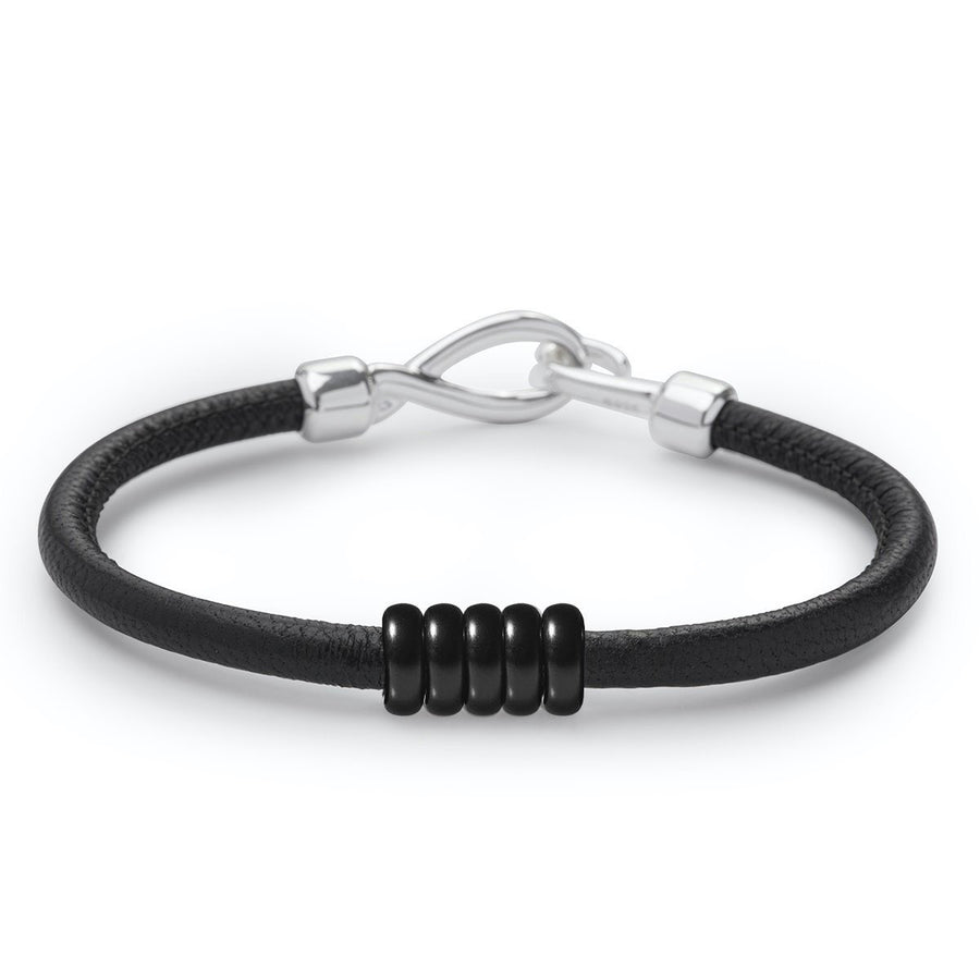 The Essential Rock 5 Black Coated Silver 925° Rings Black Leather Bracelet