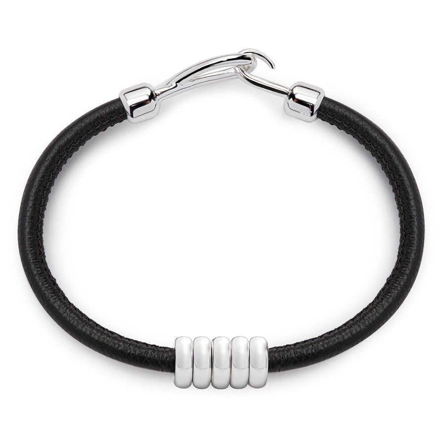 The Essential Rock 5 Silver 925° Rings Black Leather Bracelet
