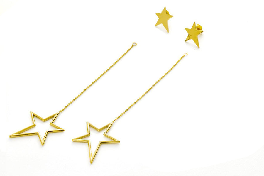 The Everlucky Lucky Stars Studs with chain & Outline Star 18K Gold Plated Silver 925° Earrings