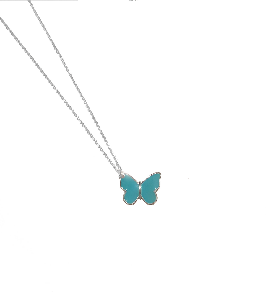 The Enriched Butterfly Medium with Turquoise Enamel Silver 925° Necklace