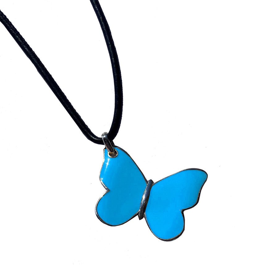 The Enriched Butterfly Big with Turquoise Enamel and Leather Silver 925° Necklace