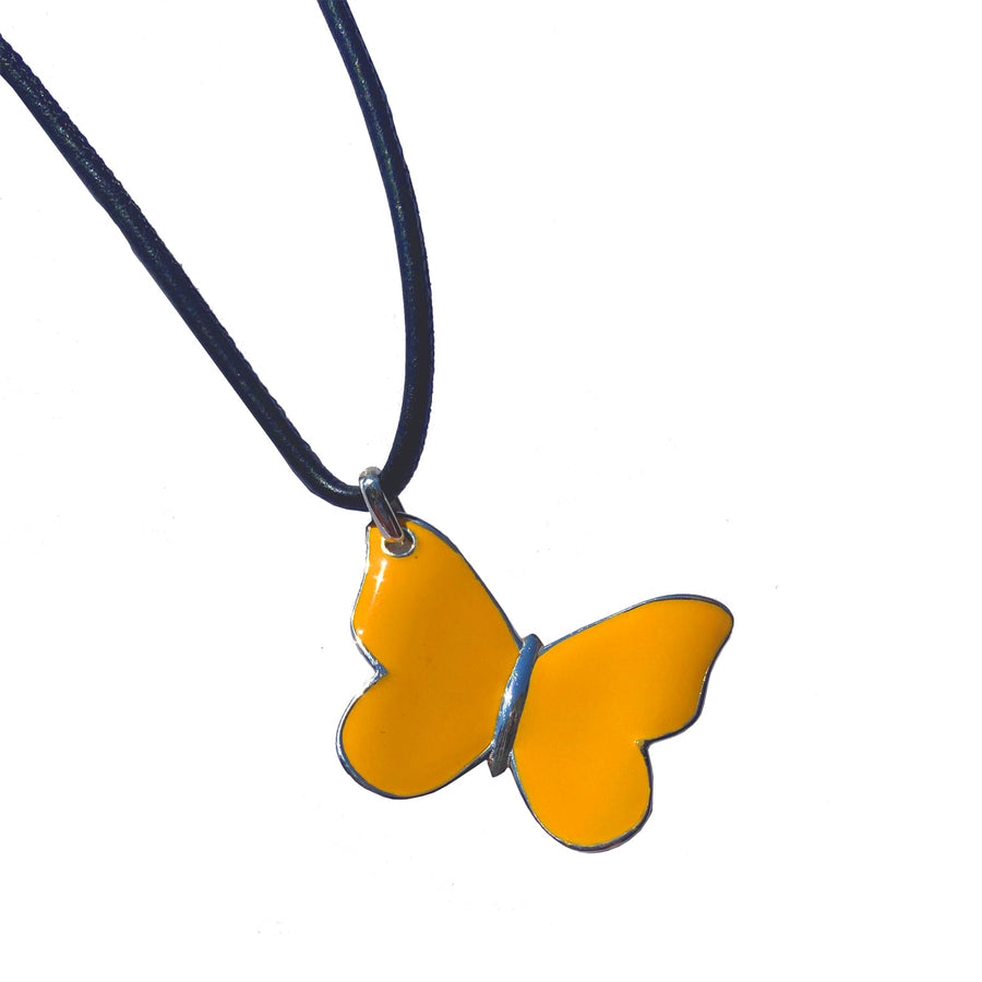 The Enriched Butterfly Big with Yellow Enamel and Leather Silver 925° Necklace